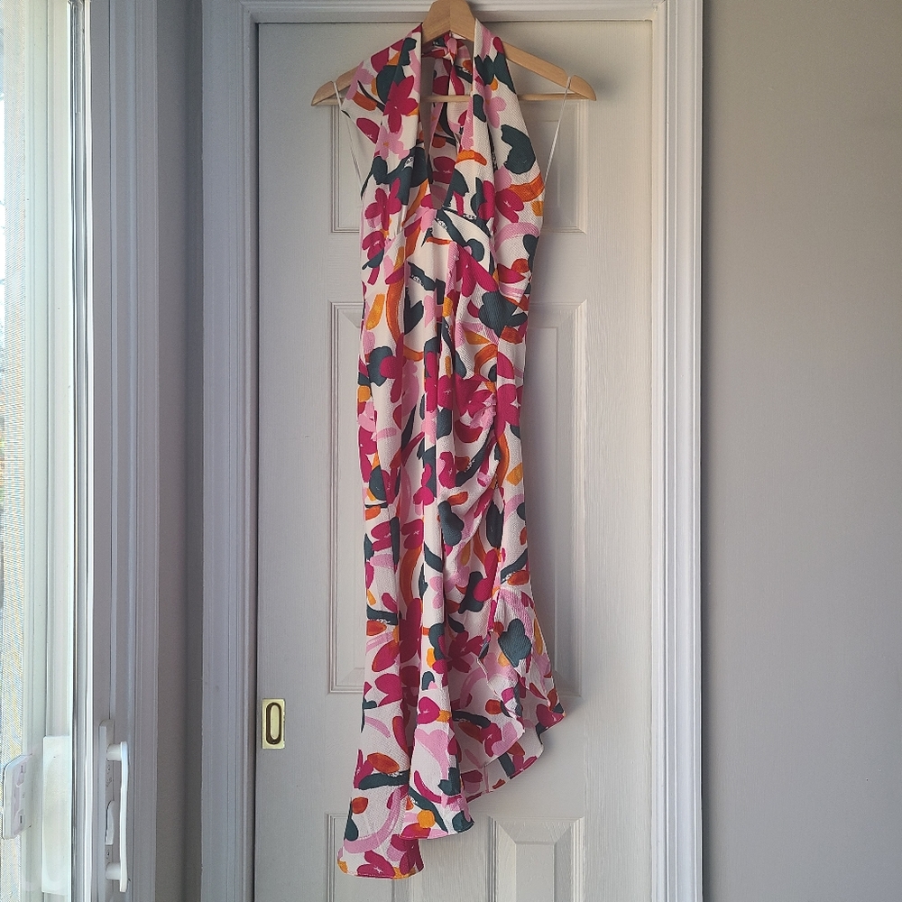 Monet Mojito Floral Asymmetrical Ruched Midi Halter Dress